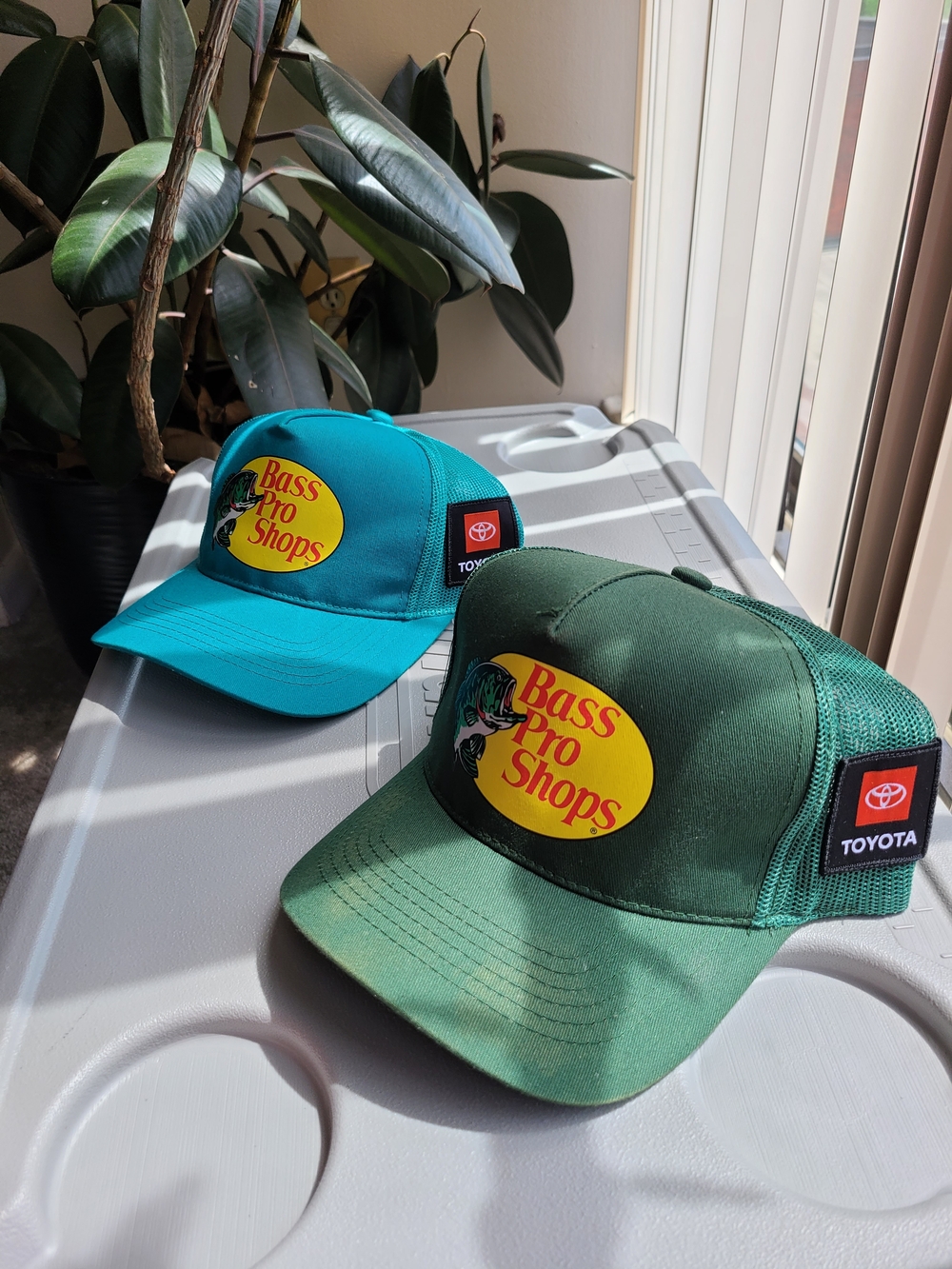 2 Classic TOYOTA & Bass Pro Shops  Mesh Trucker Hats: Green & Teal